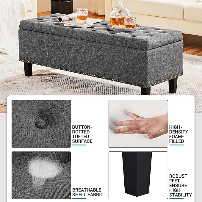 Yaheetech Classic 50-inch Entryway Ottoman Bench with Storage - Multipurpose Foot Rest Sofa Stool in Dark Gray, 2PCS