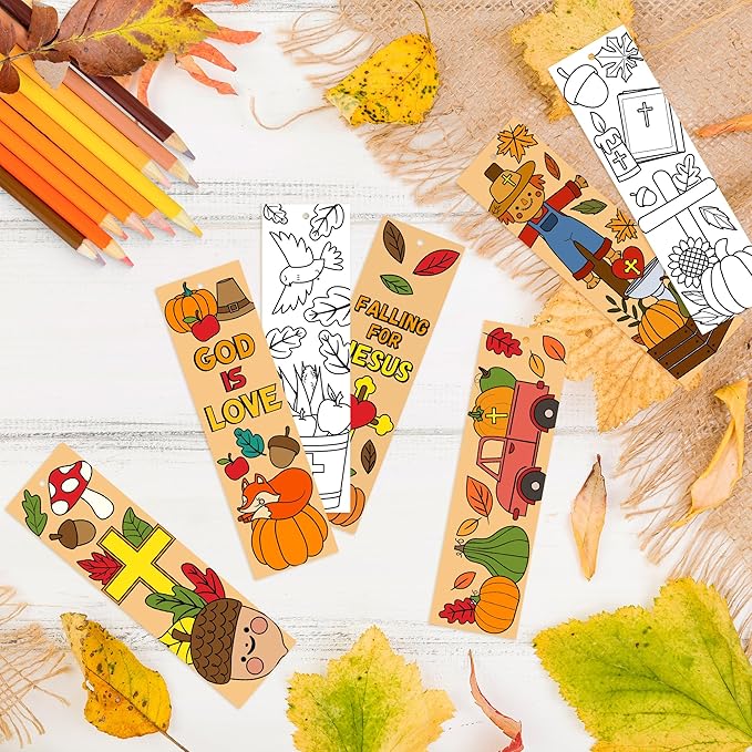 75Pcs Fall Color Your Own Bookmarks for Kids Religious Theme DIY Coloring Blank Bookmark Christian Classroom Art Craft Supplies for Teachers Students Gift Party Sunday School Reward Goodie Fillers