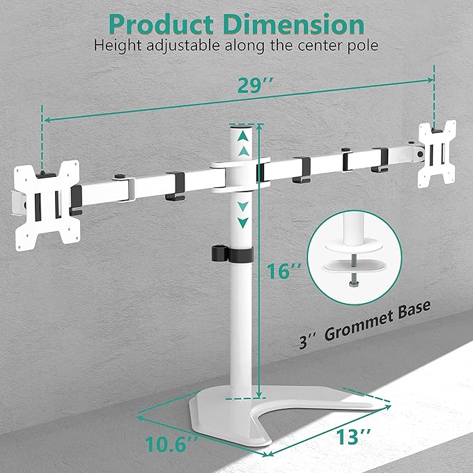 WALI Dual Monitor Stand, Free Standing Desk Mount for 2 Monitors up to 27 inch, 22 lbs. Weight Capacity per Arm, Fully Adjustable with Max Mounting Pattern 100x100mm (MF002-W), White