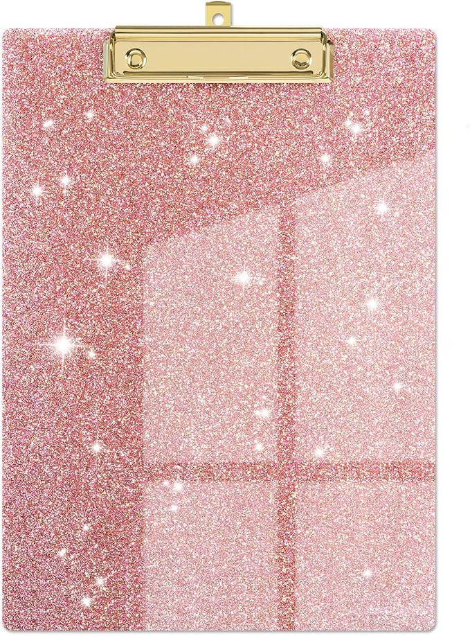 Piasoenc Acrylic Clipboards, Fashion Glitter Clip Board with Low Profile Gold Clip, Designed for Classroom School and Office Use, A4 Letter Size 9 x 12.5 in,Pink