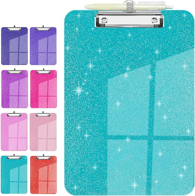 Sparkly Clipboard with Pen Holder Clear Plastic Glitter Clip Board Hanging Shiny Clipboards with Low Profile Metal Clip Letter A4 Size for Taecher Women Office School (Clear Green)