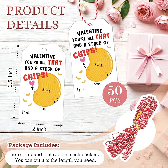 Friend-chip Valentines Tags, 50Pcs Valentines Gift Label with String, Hanging Paper Gift Label for Wrapping Treat Bag, Idea Valentine's Activity School Classroom Party Favors