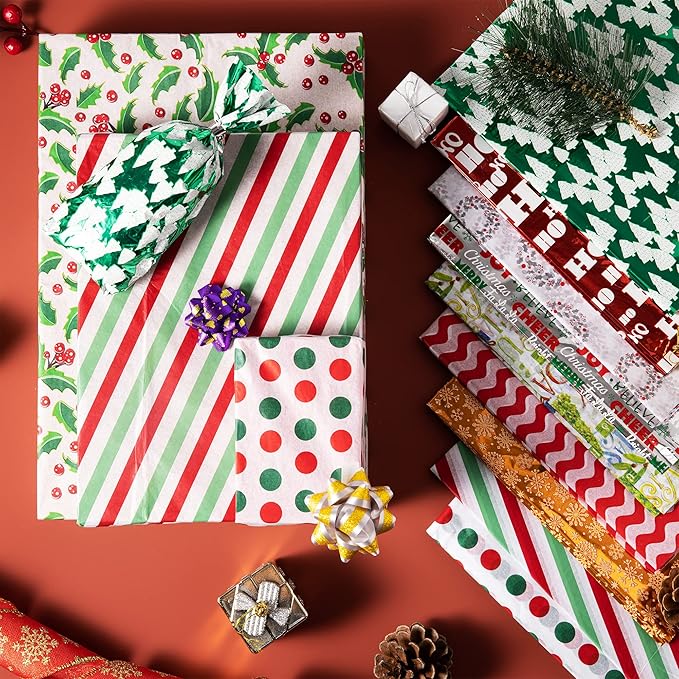 JOYIN 150 Sheets Christmas Tissue Paper Assortment (Ten Colors), 20''x20'' Wrapping Papers for Christmas Party Gift Supplies, Craft Decor, DIY Crafts, Bag&Box Gifts Wrapping