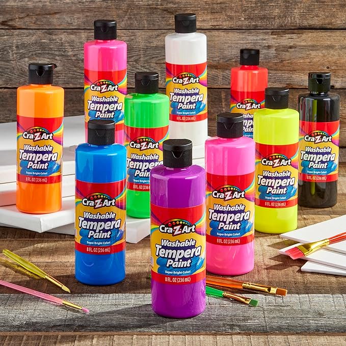 Cra-Z-Art POP! Neon Washable Tempera Paint For Kids Bulk Pack 10ct, Assorted Fluorescent Colors Tempera Paint Set 8oz each bottle, Back To School Teachers Supplies