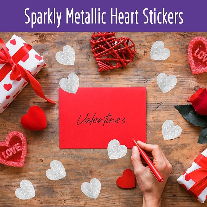 500 PCS Silver Glitter Heart Stickers - Silvery Metallic Sparkling Self Adhesive Waterproof Reflective Heart Stickers for Wedding, Valentine's Day Supplies (1' Each)