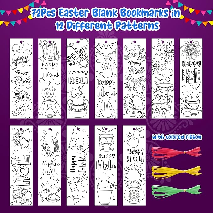 75Pcs Holi Color Your Own Bookmarks Happy Holi DIY Coloring Blank Bookmark Classroom Art Craft Supplies for Teachers Students Indian Festival Holiday Party Gift Supplies Reward Goodie Fillers