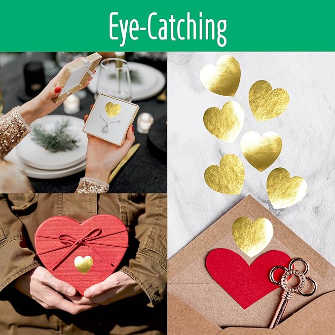 500 Golden Heart Stickers, Metallic Golden, Waterproof Reflective Heart Stickers - Love Decorative Labels for Wedding, Valentine's Day Supplies (1' Each)
