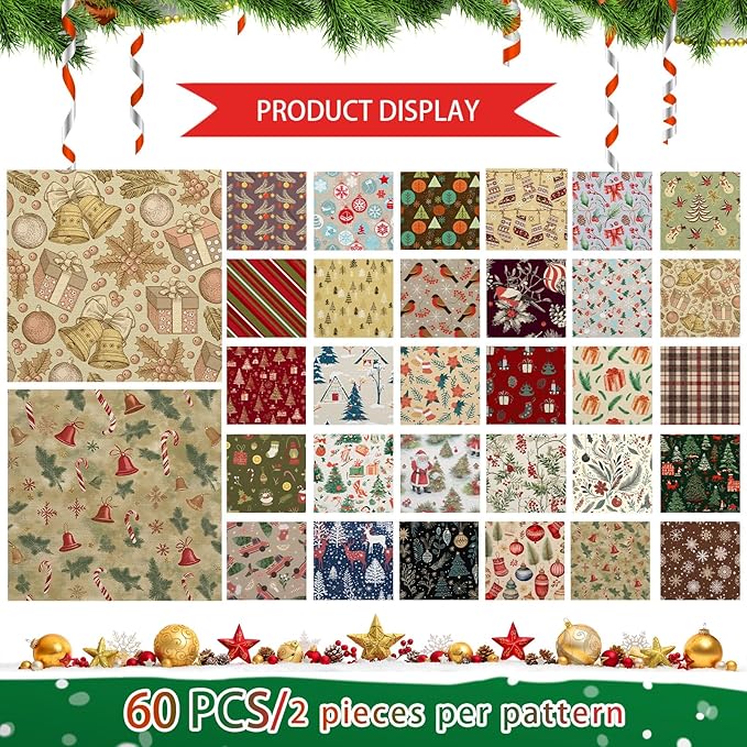 Shimeyao 60 Pcs 10 x 10 Inch Vintage Christmas Quilting Fabric Bundle Fat Quarters Santa Reindeer Snowman Print Square Fabric Printed Patchwork Supplies for Xmas DIY Decorations Sewing Craft