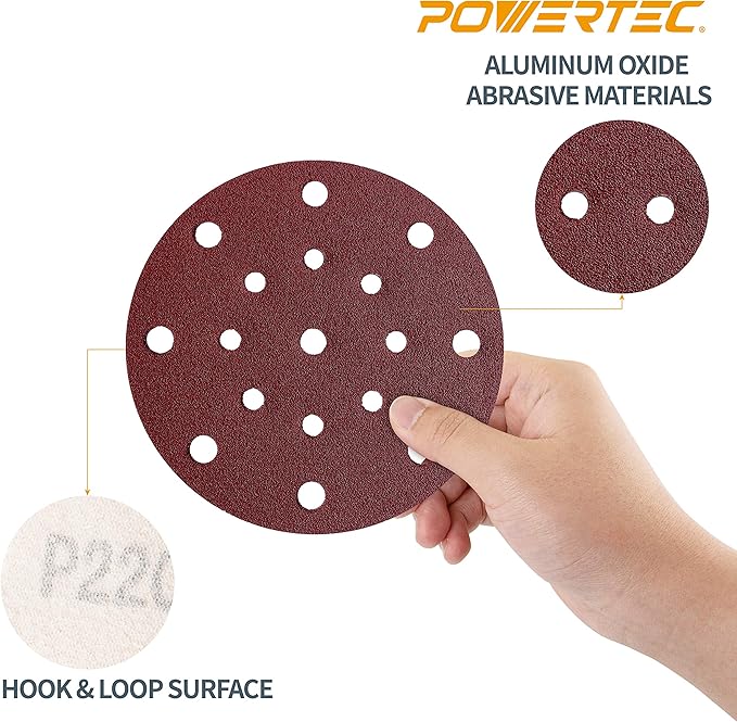 POWERTEC 45815, 6" x17 Holes, 150 Grit, A/O Hook and Loop Disc for Festool RO150 / ETS 150 Sander, Red, 50PK