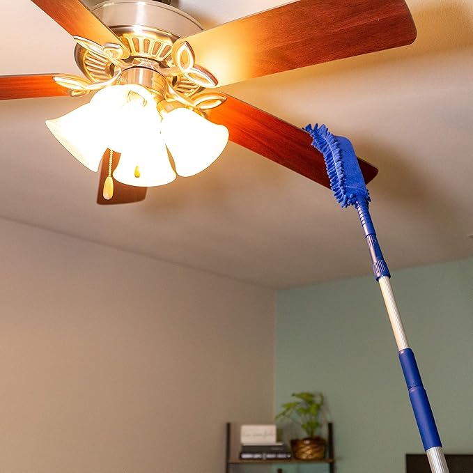 Blue Extension Rod Ceiling Duster with 18-20 feet Reach 3-Stage Aluminum Telescoping Pole - Cathedral, Cobweb, Microfiber, Ceilings Fan Duster Includes 2 Hand Dusting Kit