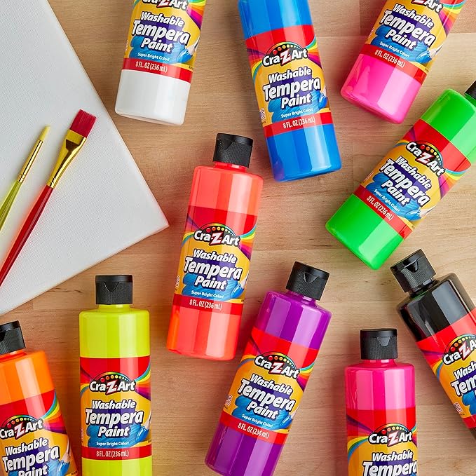 Cra-Z-Art POP! Neon Washable Tempera Paint For Kids Bulk Pack 10ct, Assorted Fluorescent Colors Tempera Paint Set 8oz each bottle, Back To School Teachers Supplies