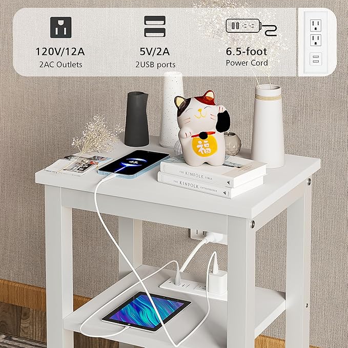 VECELO Modern Nightstands with Charging Station,Side End Table Night Stand with Storage Shelf for Small Spaces, Bedroom,Living Room