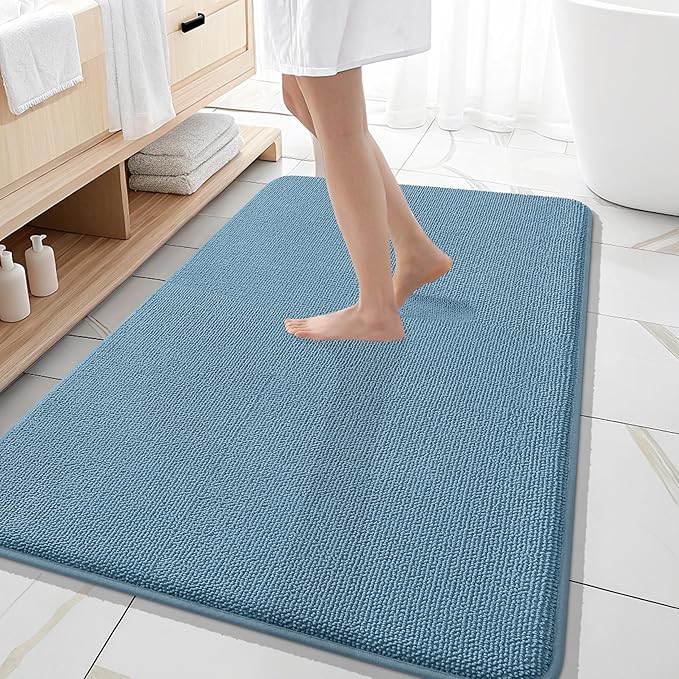 OLANLY Thick Memory Foam Bath Mat Rug 59x35, Extra Soft Absorbent Bathroom Rug, Quick Dry Bath Mats, Non-Slip, Machine Washable Carpet for Bathroom, Tub and Shower, Home Decor Accessories, Airy Blue