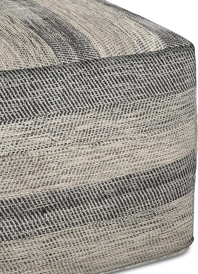 SIMPLIHOME Clay Square Pouf - 18 inch Wide Upholstered Cotton Ottoman in Grey Melange, Boho Footstool, Decorative Cube Pouf or Extra Seating for Living Room, Bedroom, or Kids Room, Assembled