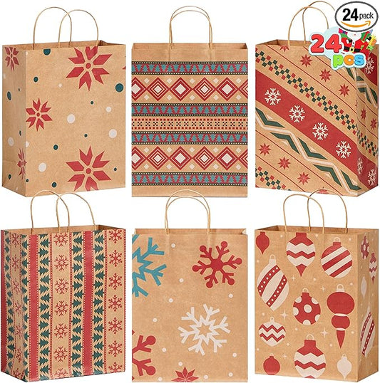 JOYIN 24 PCS Christmas Kraft Gift Bags Xmas Holiday Paper Goody Wrap Shopping Bags with Handles for Holiday Presents, Giant Gifts Decorations, Classrooms and Party Favors (10 x 13 x 5)