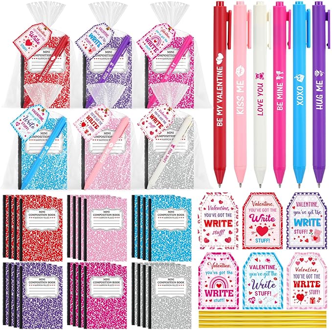 Pajean 96 Pcs Valentine's Day Stationery Set 24 Valentine's Day Notebooks with 24 Pens 24 Cards 24 Gifts Bags for Home Valentines Exchange Gifts School Classroom Office Party Favors Supplies