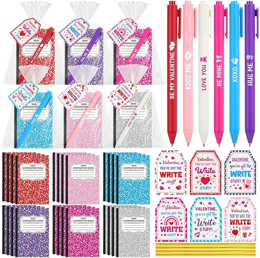 Pajean 96 Pcs Valentine's Day Stationery Set 24 Valentine's Day Notebooks with 24 Pens 24 Cards 24 Gifts Bags for Home Valentines Exchange Gifts School Classroom Office Party Favors Supplies