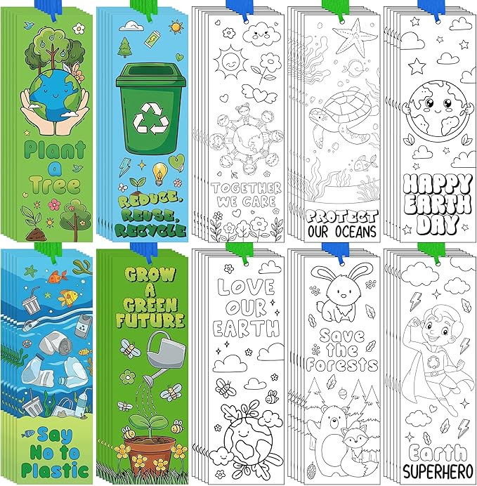 100 Pcs Earth Day Color Your Own Bookmarks Environmental Protection DIY Coloring Blank Bookmarks with Ribbon Art Crafts Supplies School Classroom Rewards Gifts Party Favors for Students Teachers