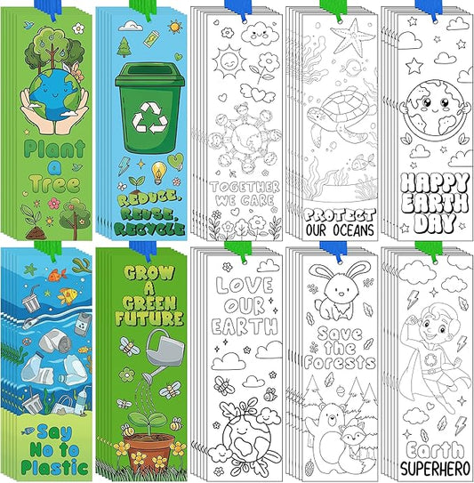 100 Pcs Earth Day Color Your Own Bookmarks Environmental Protection DIY Coloring Blank Bookmarks with Ribbon Art Crafts Supplies School Classroom Rewards Gifts Party Favors for Students Teachers