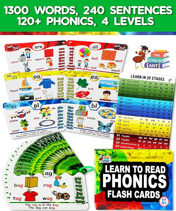 Phonics Flash Cards with Proven Spaced Repetition Learning System - Learn to Read in 20 Phonic Stages - Digraphs CVC Blends Long Vowel Sounds Phonics Games for Kids Ages 4-8 Kindergarten 1st 2nd Grade