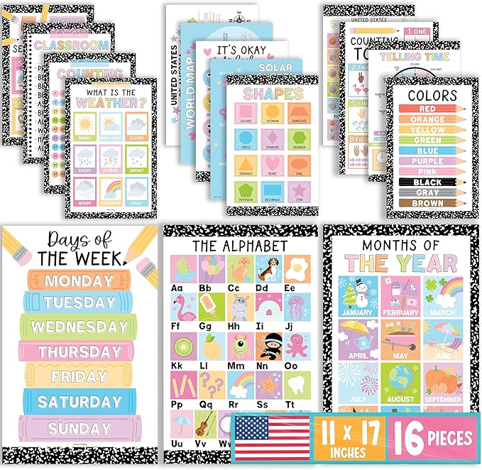 Hadley Designs 16 Educational Posters for Toddlers 1-3 - Learning Poster for Kids Ages 3-5, Alphabet Chart Playroom Homeschool Daycare & Classroom Decor, Kindergarten & Preschool Classroom Must Haves