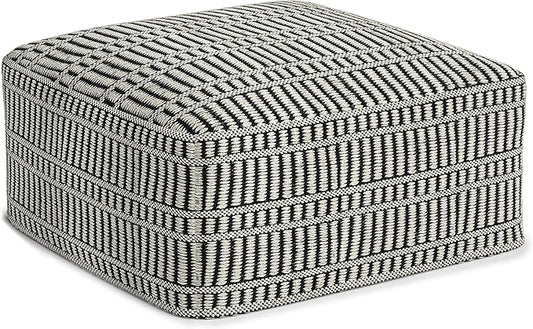 SIMPLIHOME Safford Square Pouf - 20 inch Wide Upholstered PET Polyester Ottoman in Black and White, Boho Indoor/Outdoor Footstool or Extra Seating for Living Room, Bedroom, or Patio, Assembled