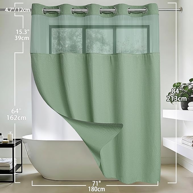 Conbo Mio Extra Long No Hook Sage Green Waffle Weave Shower Curtain with Snap in Liner Set, Hotel Luxury Shower Curtains for Bathroom with See Through Top Window, Waterproof, Washable 71W x 84H
