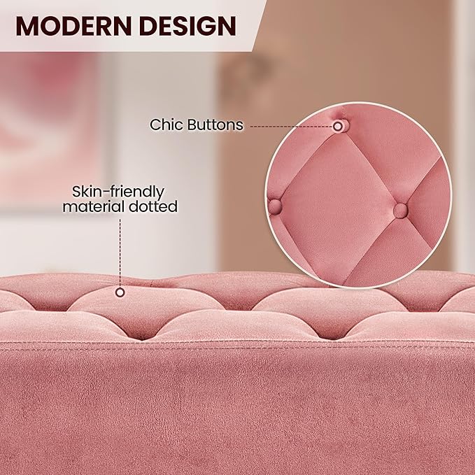 Yaheetech Modern Ottoman Bench Velvet Bench Upholstered Footrest for Living Room with Gold Metal Legs and Padded Seat Pink