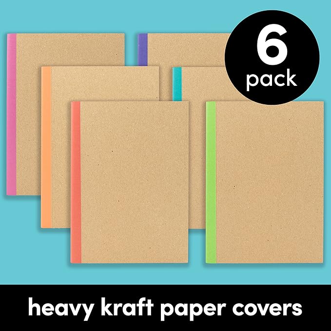 PAPERAGE 6-Pack Composition Notebook Journals, 120 Pages, Kraft Cover with Rainbow Spines, College Ruled Lined Paper, Small Size (8 in x 5.75 in) – for Home, Office or School Supplies