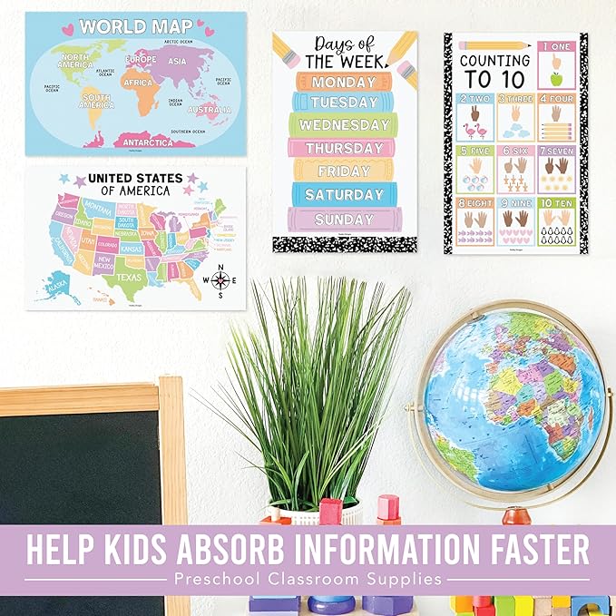 Hadley Designs 16 Educational Posters for Toddlers 1-3 - Learning Poster for Kids Ages 3-5, Alphabet Chart Playroom Homeschool Daycare & Classroom Decor, Kindergarten & Preschool Classroom Must Haves