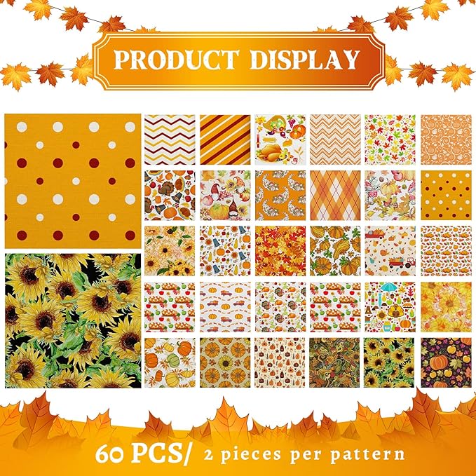 Shimeyao 60 Pieces Thanksgiving Fabric Bundles 10 x 10 Inch Thanksgiving Leaves Pumpkin Patchwork Squares Fabric for Harvest Holiday DIY Craft Sewing Quilt Material Handmade