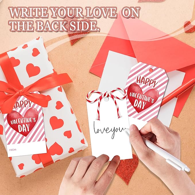 Happy Valentines Tags for Bags - 50Pcs Valentine Gift Tags with String, Hanging Paper Gift Label for Wrapping Treat Bag, Idea Valentines Activity School Classroom Party Favors