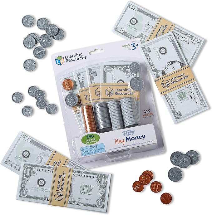 Learning Resources Pretend Play Money - Math Manipulatives for Kids, Kids Bank, Plastic Coins, Cash Register, Toddler, Homeschool Supplies, Fine Motor Skills, Teaching Set Manipulatives