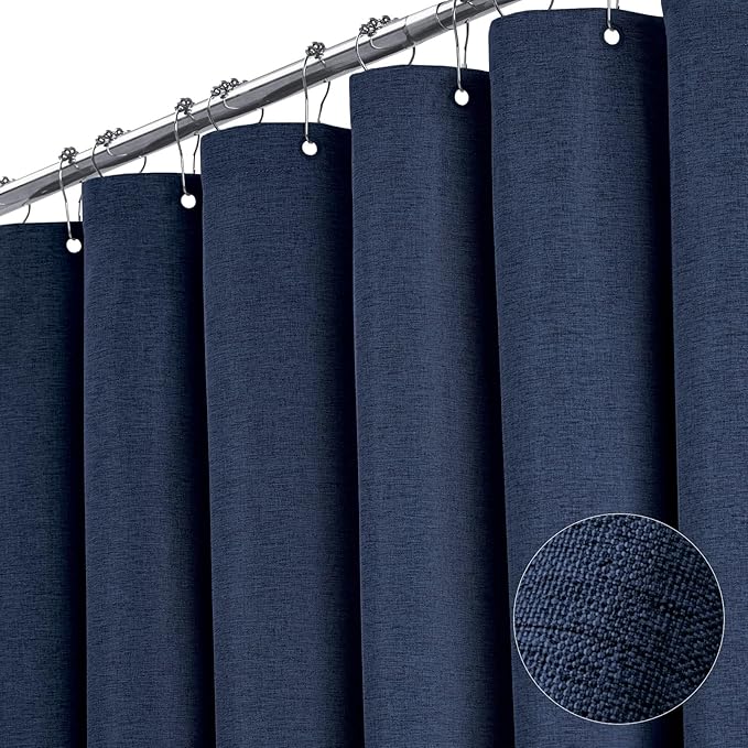 BTTN Stall Fabric Shower Curtain, 54x78 Inch Long Linen Textured Heavy Duty Thick Shower Curtain Set with 10 Plastic Hooks, Hotel Spa Weighted Waterproof Neutral Bath Curtains for Bathroom, Navy Blue