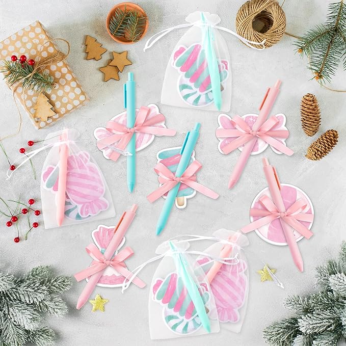 Xqumoi Christmas Pink Candy Sticky Notes with Pen Gift Set - 24 Set Xmas Sweet Self Sticky Writing Memo Pads Ballpoint Pens with Mesh Bag Party Favors School Classroom Rewards Office Supplies