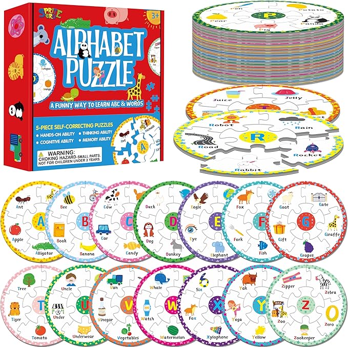 Alphabet Word Puzzles, 26 Letters & 130 First Words, Double-Sided Letter Puzzle Game Learn to Read Alphabet & Words, Early Educational Tool for Toddlers, Preschool, Kindergarten, Homeschooling