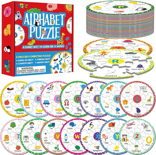 Alphabet Word Puzzles, 26 Letters & 130 First Words, Double-Sided Letter Puzzle Game Learn to Read Alphabet & Words, Early Educational Tool for Toddlers, Preschool, Kindergarten, Homeschooling