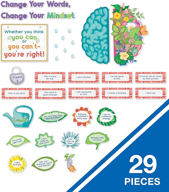 Carson Dellosa Education 47 pc Bloom With a Growth Mindset Bulletin Board Set, Motivational Poster, Plant Cutouts, 2-Piece Brain With Affirmation Cards, Calm Down Corner Supplies and Classroom Decor