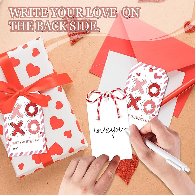 50Pcs Happy Valentines Tags for Bags, XOXO Valentine Gift Label with String, Sweet Themed Party or Valentine' Day Thank You Gift Tags Great for Party Favors
