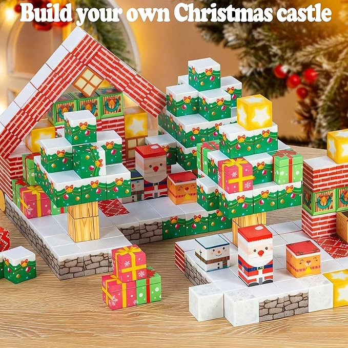 Magnetic Blocks,100 PCS Build Magnetic Santa Chimney Xmas Tree Gift World, STEM Construction Magnetic Cube for Boys Girls Age 3 4 5 6 7 8 9 10,Sensory Stacking Toy Christmas Birthday Gifts for Kids