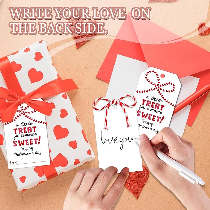 3.5 x 2.1 in Valentines Day Gift Sticker Tags - 50Pcs A Little Treat Happy Valentine Tags with String, Gift Label Idea Valentines Activity School Classroom Party Favors