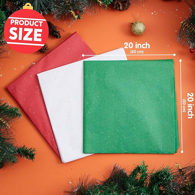 JOYIN 72 Sheets Glitter Tissue Paper for Gift Bags, Red Green White Tissue Paper for Gift Wrapping Supplies, 20" x 20" Christmas Wrapping Paper for Gift Wrap DIY Craft Decorations