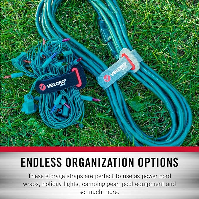 VELCRO Brand Power Cord Wraps | Heavy Duty Straps for Extension Cords, Ropes, Cables | Reinforced Slotted Grommet for Strong Snag Free Cinching | 12 Inch, 2Pk, Black and Gray