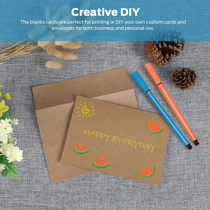 Ohuhu Blank Brown Kraft Cards and Envelopes 100 Pack - 5" x 7" Folded Cardstock Paper and A7 Envelopes for DIY Greeting Cards Wedding Birthday Invitations Baby Shower Thank You Cards and All Occasions