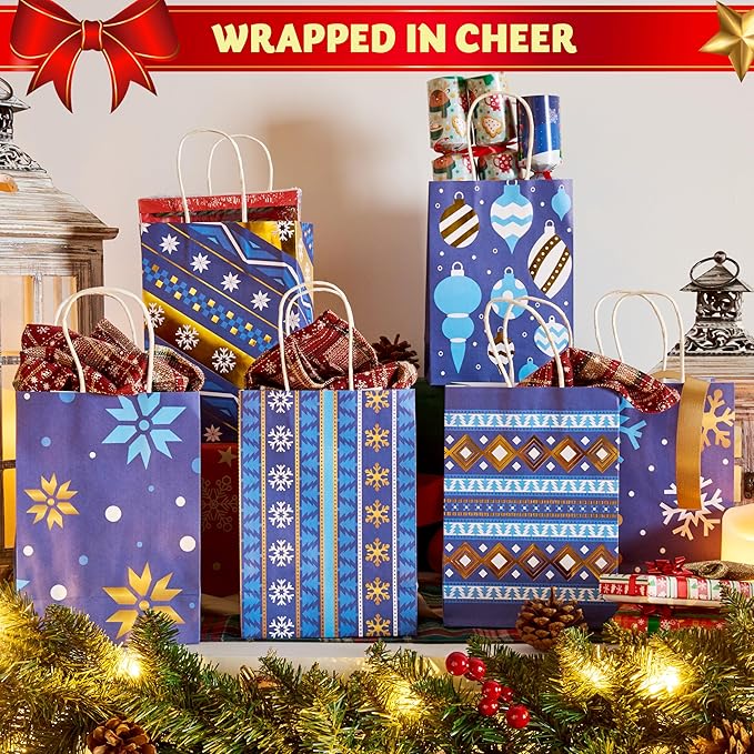JOYIN 24 PCS Christmas Kraft Gift Bags Xmas Holiday Present Wrapping Paper Goody Bags with Handles for Classrooms and Wedding Decor, Party Favors and Decor Supplies (Blue, 8.27" x 5.91" x 3.15")