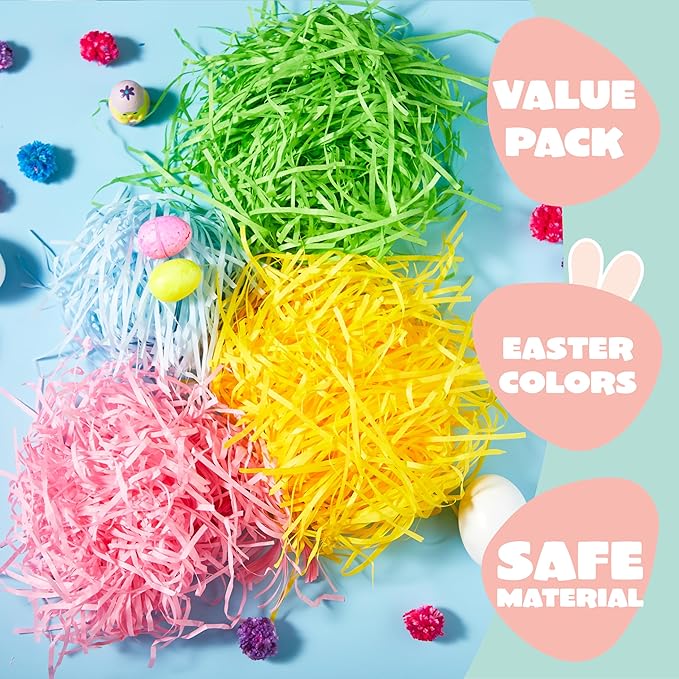 JOYIN 1.5 LB Multicolor Rainbow Easter Grass, Recyclable Gift Wrap Crinkle Filler Paper Shred(Pink, Yellow, Sky Blue, Green) for Easter Egg Hunt, Bags Basket Stuffers Filler, Party Decor Favor(24 oz)