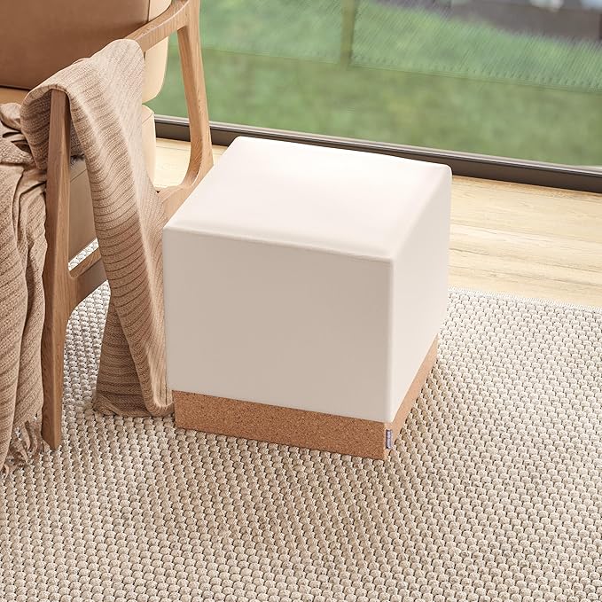 Seville Classics Cushioned Fabric Ottoman Hidden Storage Chest Footrest Chair, Padded Seat for Bedroom, Dorm, Loft, Living Room, Entryway, Hallway, Cork/Cream, 15" Cube