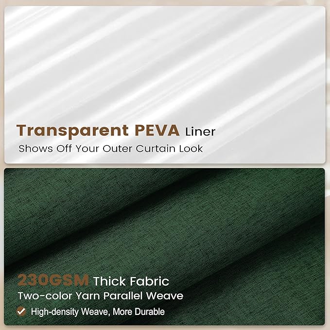 BTTN 3 in 1 Shower Curtain Set, Emerald Green Linen Textured Fabric Shower Curtain and Clear Liner Set with Plastic Hook, Modern Hotel Luxury Weighted Waterproof Shower Curtain for Bathroom, 72x72