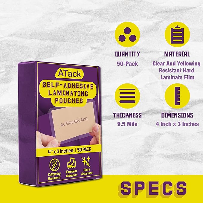 ATack Self Laminating Pouches, 50-Pack Business Card Self Laminating Sheets, 9.5 mils, Self Adhesive Laminate Sheets for Business Cards, Clear Self-Sealing Laminating Sheet Pouches