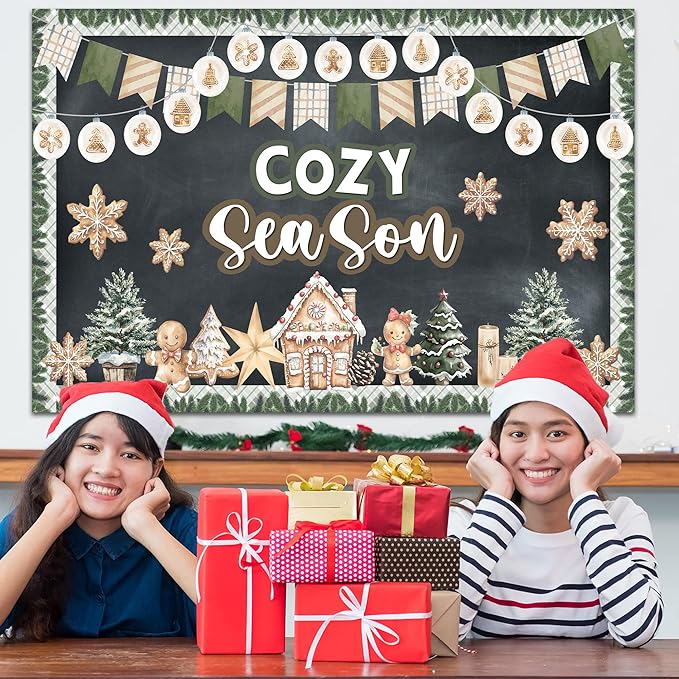 Winter Bulletin Board Decorations Winter Cozy Season Bulletin Board Set Gingerbread Snowflake Cutouts Classroom Decoration for School Home Chalkboard Wall Door Decor Holiday Xmas Party Supplies